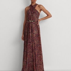 NWT Lauren Ralph Lauren Metallic Chiffon Halter Maxi Gown Dress w Buckle Size 6